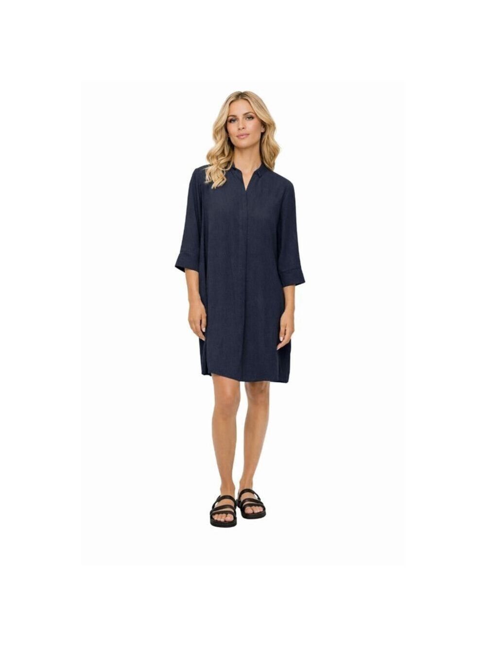 Vince 100% Silk Shirt Dress Navy Blue 3/4 Sleeve Mandarin Collar Size S NWOT